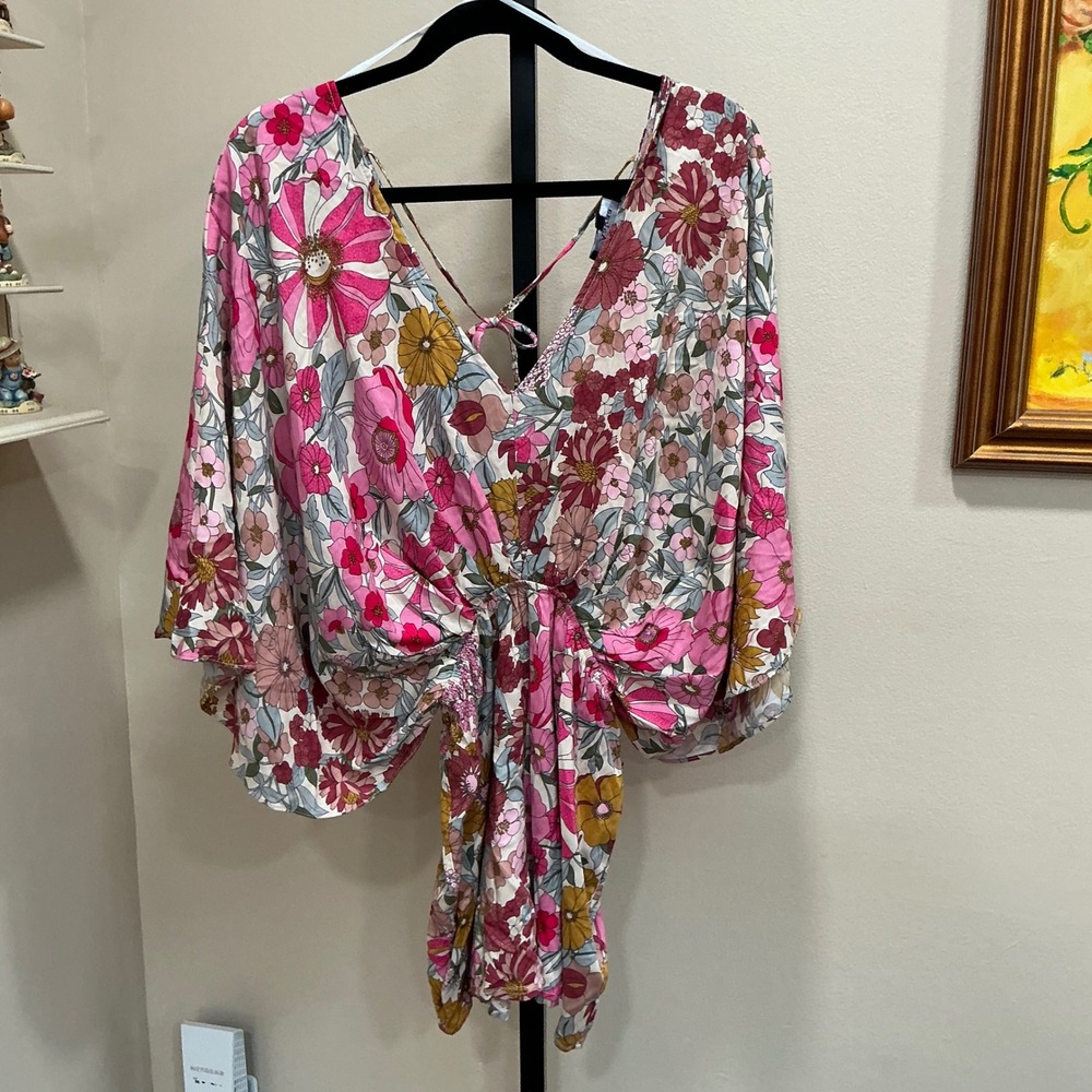 Aakaa Top Small Pink Floral Kimono Sleeve V-Neck Boho Retro Rayon RA91804H